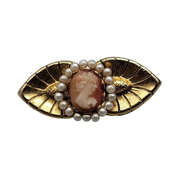 Faux Cameo Brooch Gold Tone Bow Faux Pearls Small Pink & White Lady Pin Vintage - Picture 4 of 8